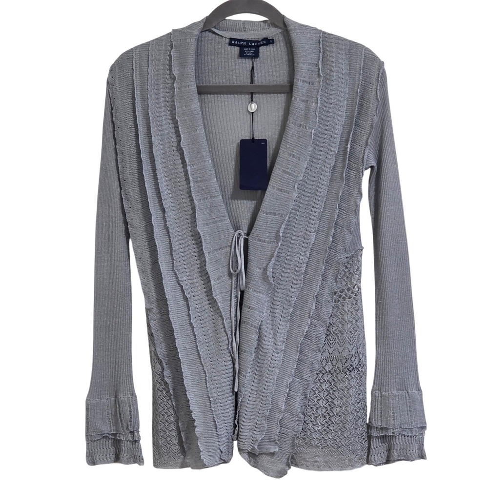 Ralph Lauren Cardigan Women Small Silver Linen Silk Metallic Ruffle Tie Front